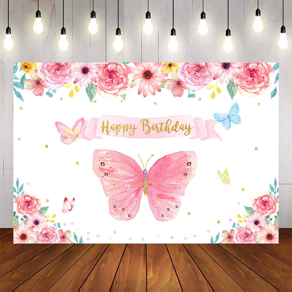 Mocsicka Pink Flowers and Butterflies Happy Birthday Backdrop-Mocsicka Party