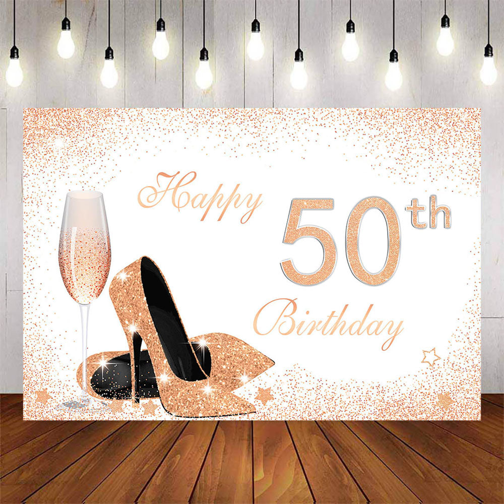 Mocsicka Happy 50th Birthday Champagne Gold High Heels Party Backdrop-Mocsicka Party