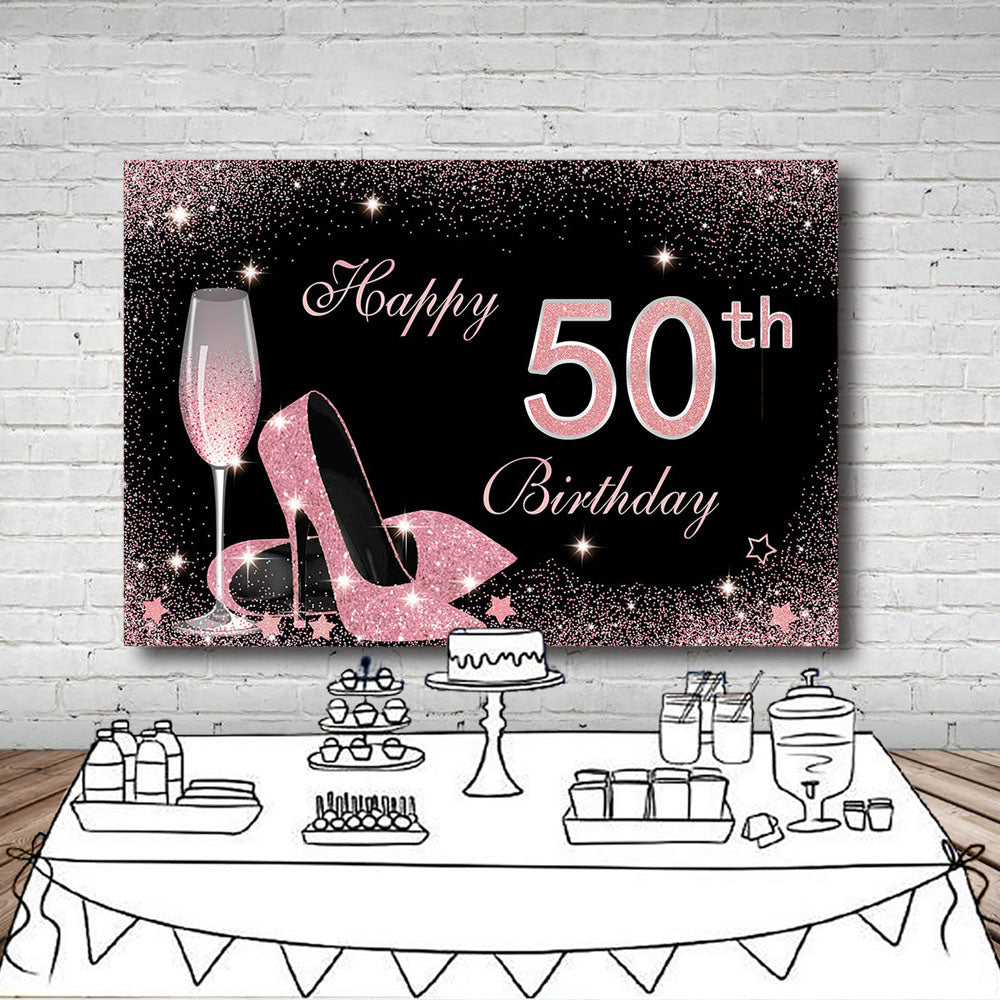 Mocsicka Happy 50th Birthday Pink Champagne High Heels Party Backdrop-Mocsicka Party