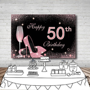 Mocsicka Happy 50th Birthday Pink Champagne High Heels Party Backdrop-Mocsicka Party