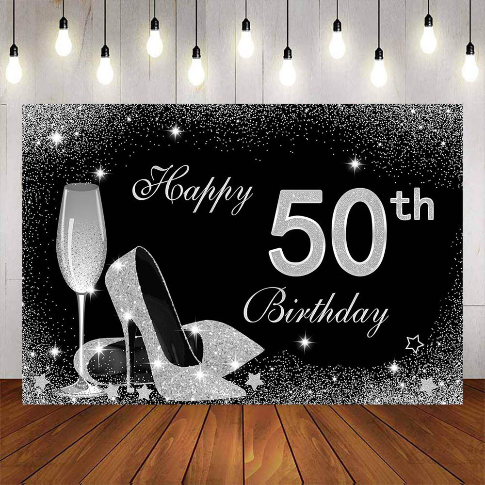 Mocsicka Happy 50th Birthday Sliver Champagne High Heels Party Backdrop-Mocsicka Party