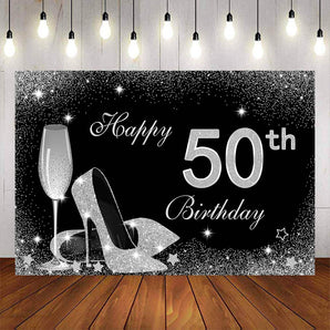 Mocsicka Happy 50th Birthday Sliver Champagne High Heels Party Backdrop-Mocsicka Party