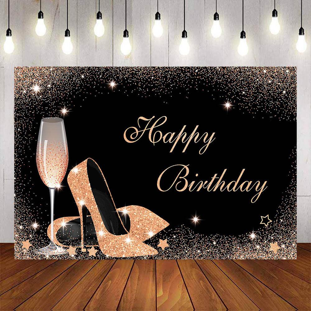 Mocsicka Rose Gold Champagne and High Heels Happy Birthday Backdrop-Mocsicka Party