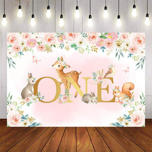 Mocsicka One Theme Wild Animals and Pink Flowers Baby Shower Backdrop-Mocsicka Party