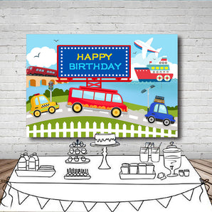 Mocsicka Traffic Theme Happy Birthday Backdrop Taxi Bus Plane and Ship Photo Background