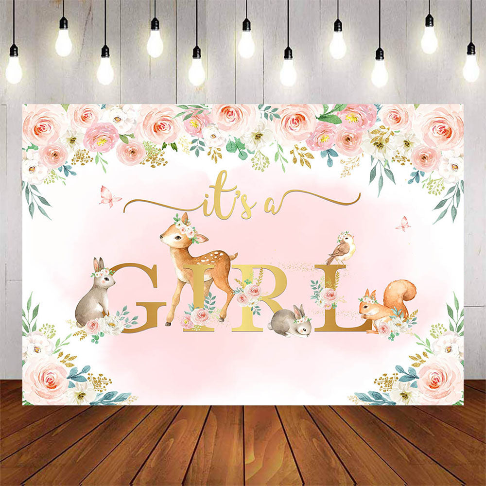 Mocsicka It's a Girl Little Animals and Flowers Baby Shower Backdrop-Mocsicka Party