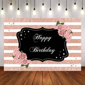 Mocsicka Stripes and Pink Flowers Happy Birthday Party Backdrop-Mocsicka Party