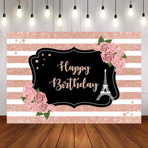 Mocsicka Stripes Pink Flowers and Eiffel Tower Happy Birthday Backdrop-Mocsicka Party