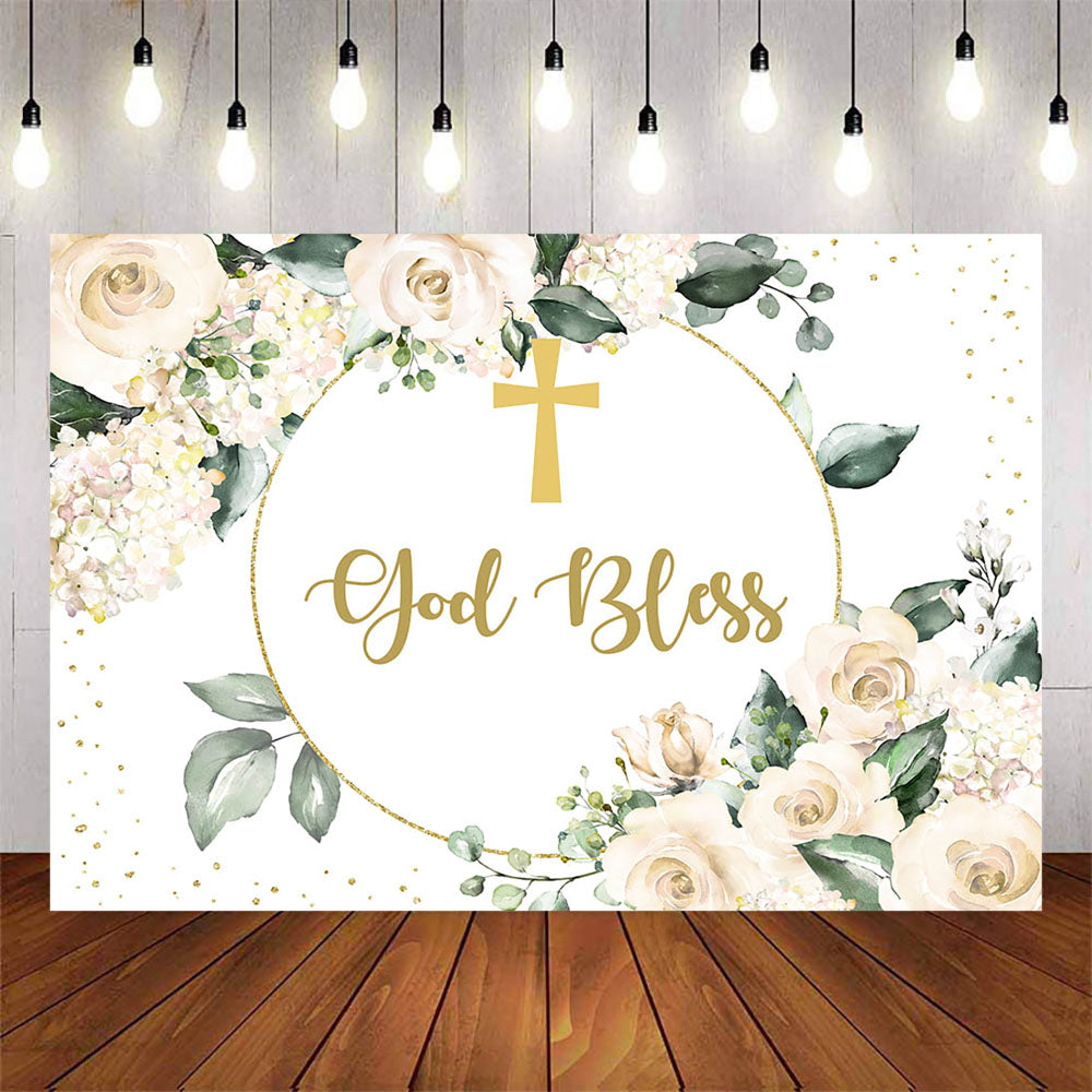 Mocsicka God Bless Golden Cross and Flowers Baby Shower Backdrop-Mocsicka Party