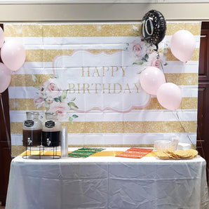 Mocsicka Happy Birthday Backdrop Pink Flowers Party Deco Banners-Mocsicka Party