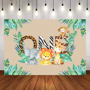 Mocsicka Wild Animals and Plam Leaves Happy 1st Birthday Backdrop-Mocsicka Party