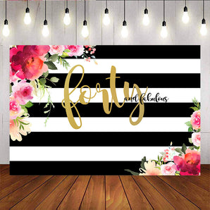 Mocsicka Fabulous 40th Birthday Party Backdrop Black White Stripes Party Decor