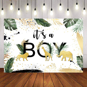 Mocsicka It's a Boy Plam Leaves Gold Animals Baby Shower Backdrop-Mocsicka Party