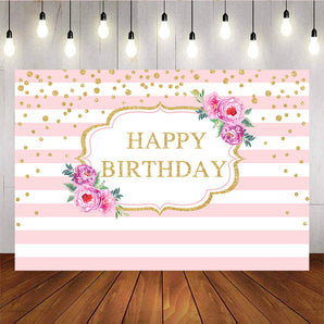 Mocsicka Pink White Stripes Birthday Party Prop Flowers and Gold Dots Backdrop