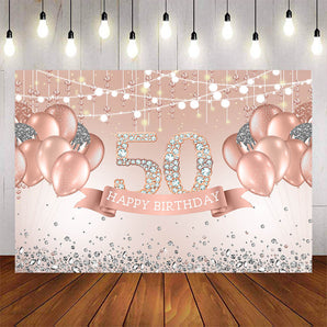 Mocsicka Rose Gold Balloons and Diamonds Happy 50th Birthday Backdrop-Mocsicka Party