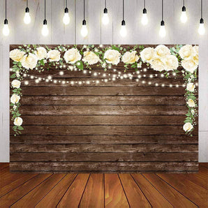 Mocsicka White Flowers and Wooden Floor Baby Shower Backdrop-Mocsicka Party