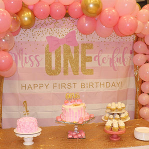 Mocsicka Pink Bow Gold Dots 1st Happy Birthday Party Backdrops-Mocsicka Party