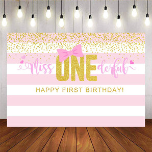 Mocsicka Pink Bow Gold Dots 1st Happy Birthday Party Backdrops