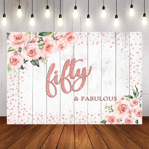 Mocsicka Pink Flowers and Dots Fifty Fabulous Birthday Backdrop-Mocsicka Party