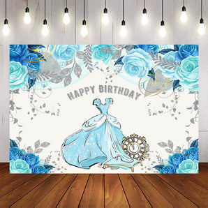 Mocsicka Princess Dress and Blue Flowers Happy Birthday Backdrop-Mocsicka Party