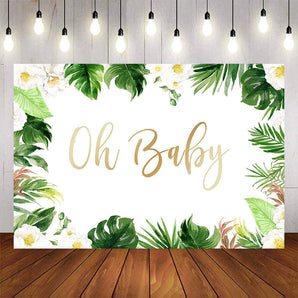 Mocsicka Plam Leaves and White Flowers Oh Baby Shower Backdrop-Mocsicka Party