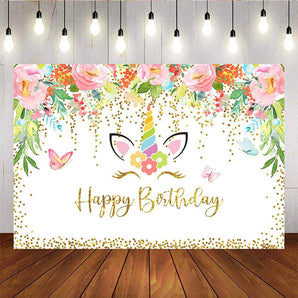 Mocsicka Flowers Unicorn Kids Birthday Party Decor Spring Floral Golden Dots Backdrops-Mocsicka Party