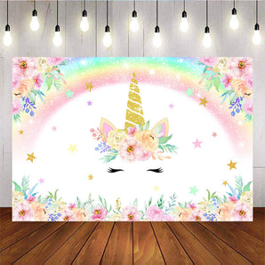 Mocsicka Golden Unicorn Kids Birthday Party Decor Flowers Rainbow and Little Stars Backdrops-Mocsicka Party