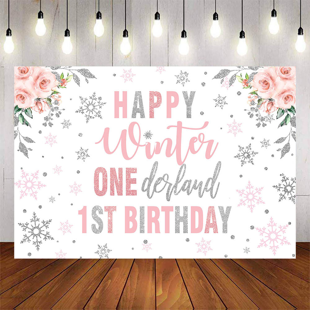 Mocsicka Winter Onederland Snowflakes Happy Birthday Backdrop-Mocsicka Party