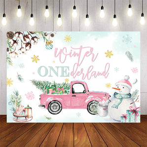 Mocsicka Pink Truck Snowman Happy Birthday Backdrop-Mocsicka Party