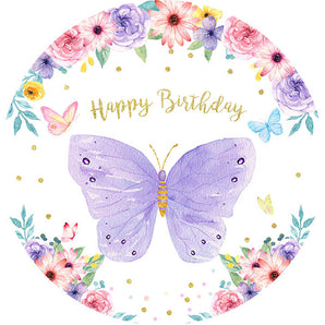 Mocsicka Purple Butterfly and Flowers Happy Birthday Round Cover