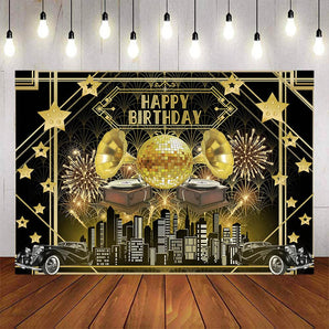 Mocsicka Black and Gold Retro Car Disco Happy Birthday Backdrop-Mocsicka Party