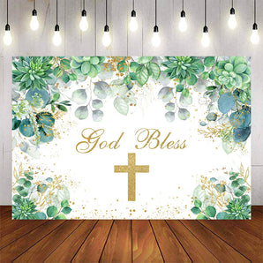 Mocsicka God Bless Gold Cross Green Leaves Baby Shower Backdrop-Mocsicka Party