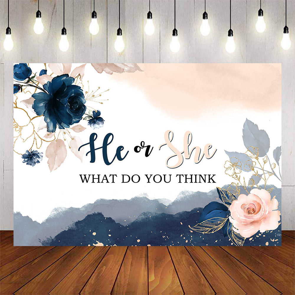 Mocsicka He or She Dark Blue and Pink Flowers Gender Reveal Backdrop-Mocsicka Party