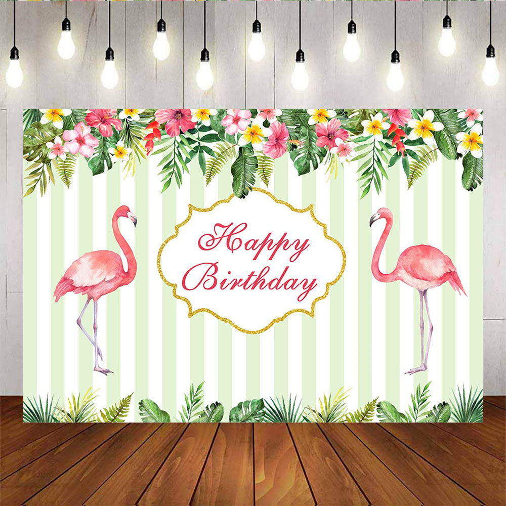 Mocsicka Pink Flamingo Happy Birthday Backdrop Stripes Tropical Leaves Flowers Photo Prop-Mocsicka Party