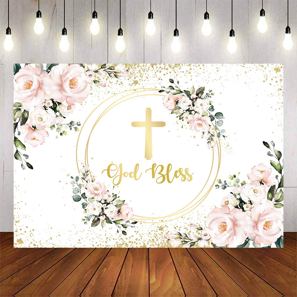 Mocsicka God Bless and Gold Cross Baby Shower Backdrop-Mocsicka Party