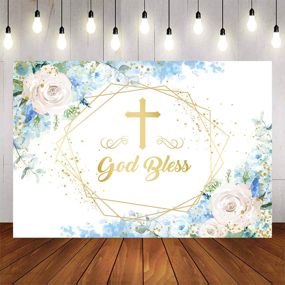 Mocsicka God Bless Gold Cross and Flowers Baby Shower Backdrop-Mocsicka Party