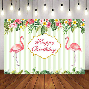 Mocsicka Pink Flamingo Happy Birthday Backdrop Stripes Tropical Leaves Flowers Photo Prop-Mocsicka Party