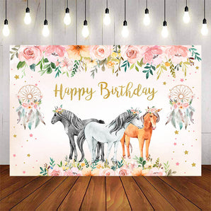 Mocsicka Horses and Flowers Dreamcatcher Happy Birthday Backdrop-Mocsicka Party