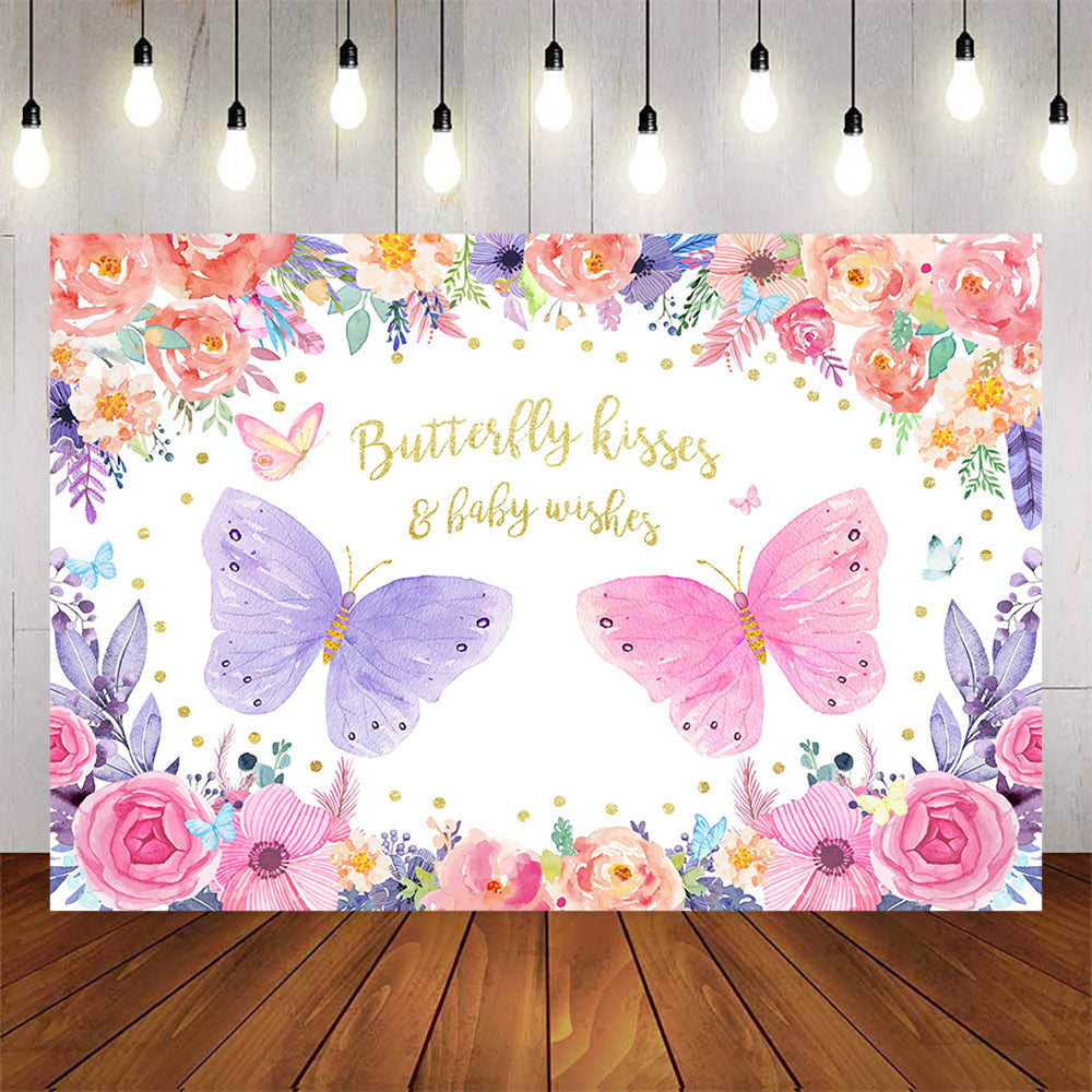 Mocsicka Purple and Pink Butterfly and Flowers Baby Shower Backdrop-Mocsicka Party