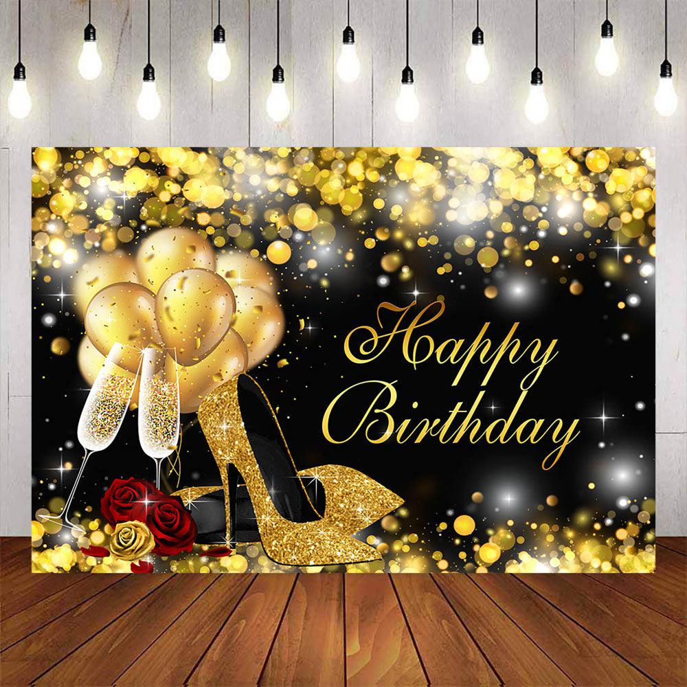 Mocsicka Golden Glowing Dots and High Heels Happy Birthday Backdrop-Mocsicka Party