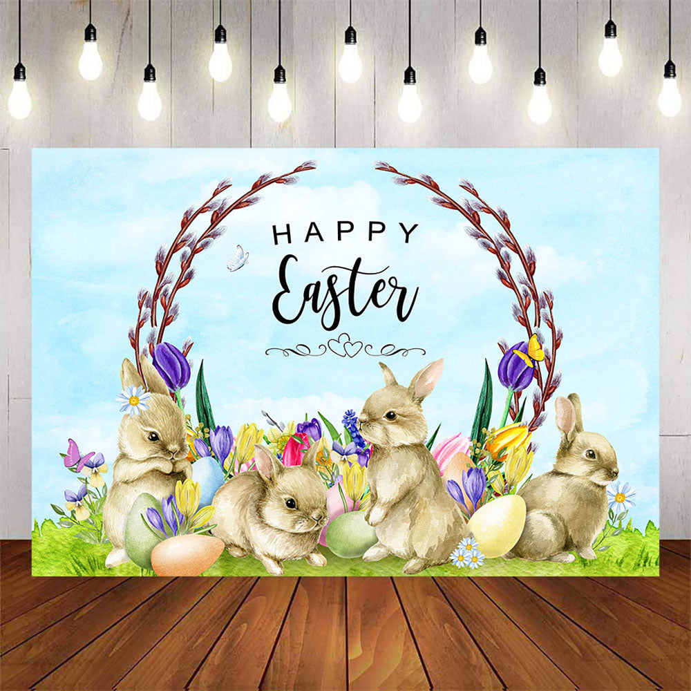 Mocsicka Rabbits and Flowers Happy Easter Backdrop-Mocsicka Party