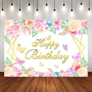 Mocsicka Flowers and Butterfly Happy Birthday Backdrop-Mocsicka Party