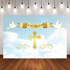 Mocsicka White Dove Gold Cross God Bless Baby Shower Backdrop-Mocsicka Party