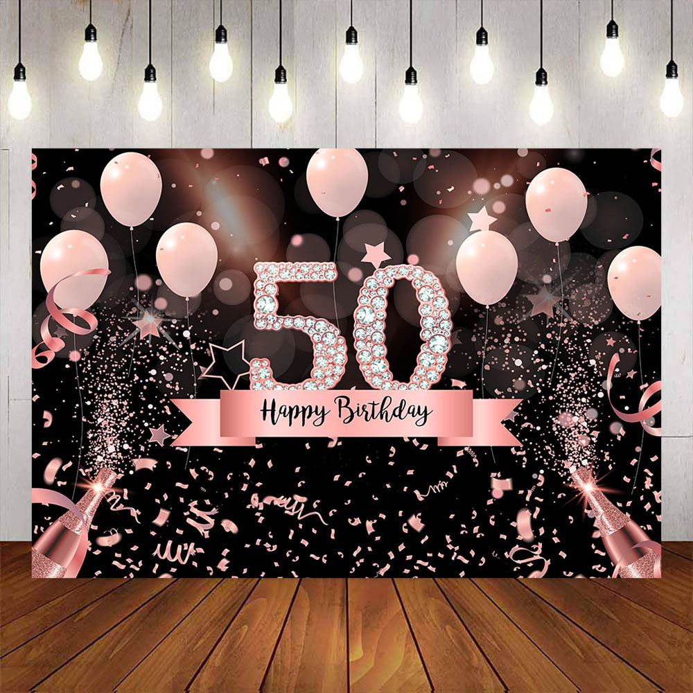 Mocsicka Pink Balloons and Champagne Happy 50th Birthday Backdrop-Mocsicka Party