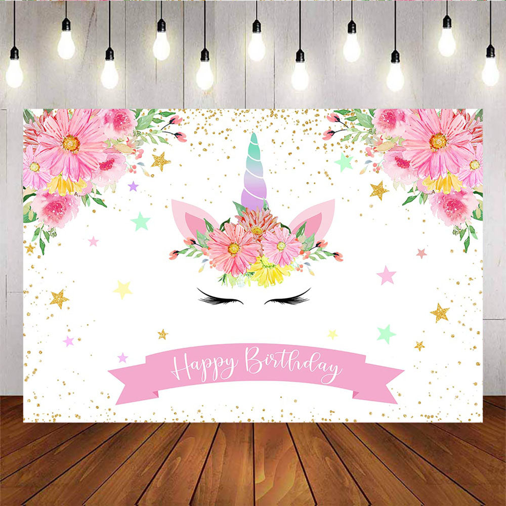 Mocsicka Unicorn Birthday Party Decor Pink Flowers and Golden Stars Background-Mocsicka Party