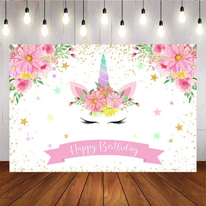 Mocsicka Unicorn Birthday Party Decor Pink Flowers and Golden Stars Background-Mocsicka Party