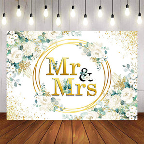 Mocsicka Mr and Mrs White Flowers and Gold Dots Bridal Shower Backdrop-Mocsicka Party