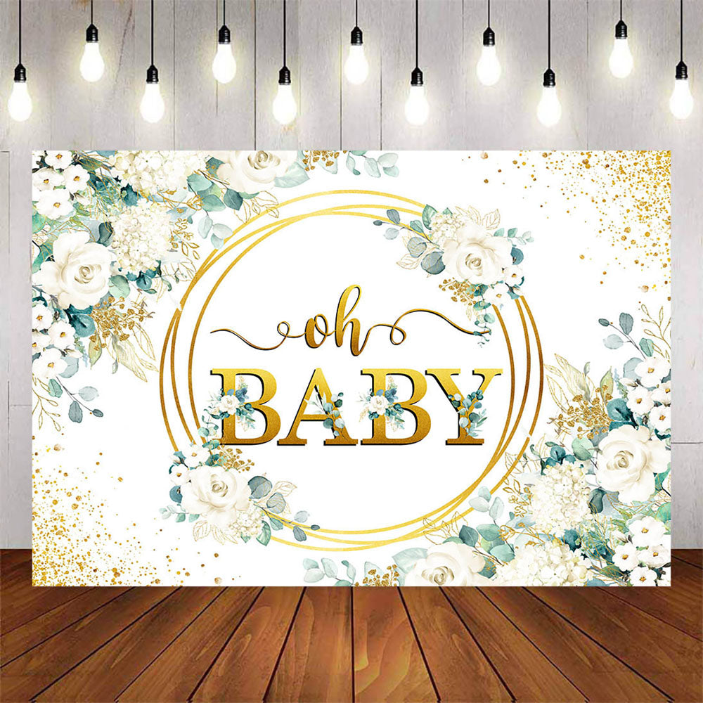 Mocsicka White Flowers and Golden Dots Oh Baby Shower Backdrop-Mocsicka Party