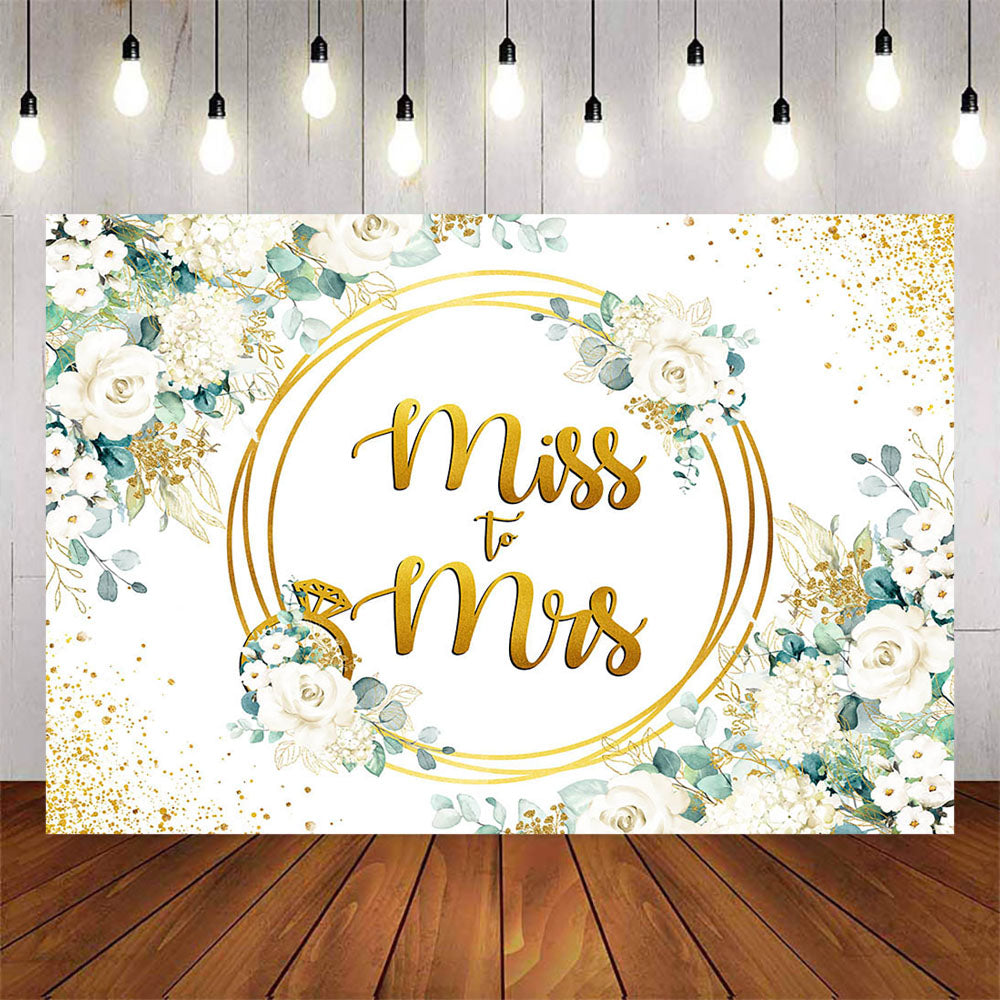 Mocsicka White Flowers and Golden Dots Miss to Mrs Bridal Shower Backdrop-Mocsicka Party