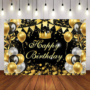 Mocsicka Gold Dots and Balloons Crown Happy Birthday Backdrop-Mocsicka Party